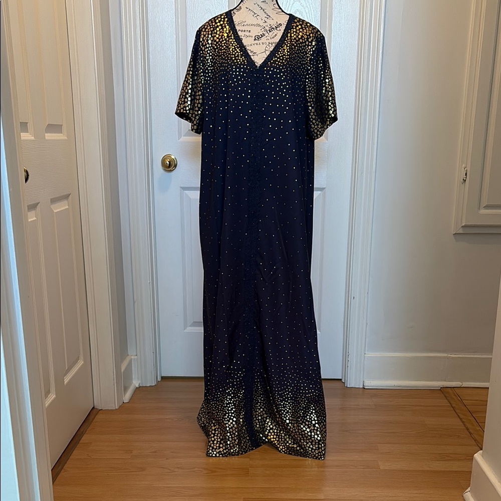 SHEIN Blue and Gold Flutter Sleeve V-Neck Kaftan